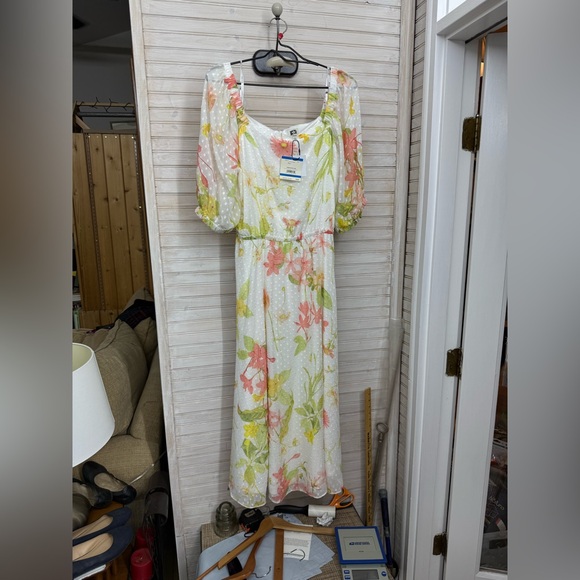 Anne Klein Floral Midi Dress with Puff Sleeves - Picture 1 of 9